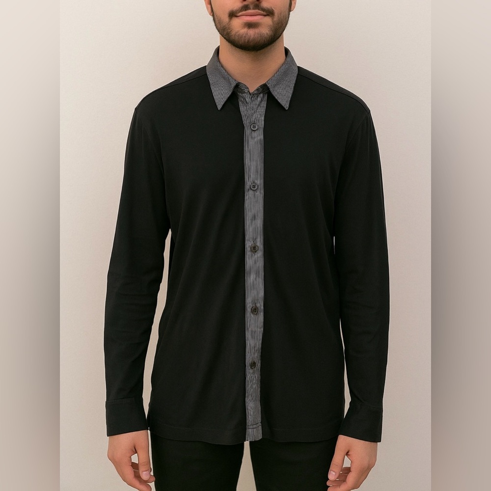 3/$30 Mexx Black Button-Up Shirt with Striped Collar - medium